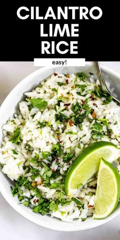 a white bowl filled with rice, lime and cilantro