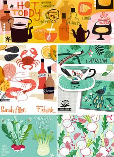 four different posters with flowers, lemons and teapots on the same page