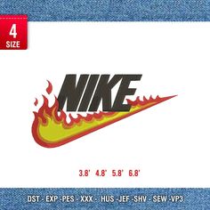 the back side of a card with an image of a nike logo and fire on it