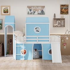 a child's bedroom with bunk beds and toys on the floor, including a slide