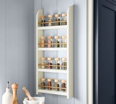 a wall mounted spice rack in a kitchen