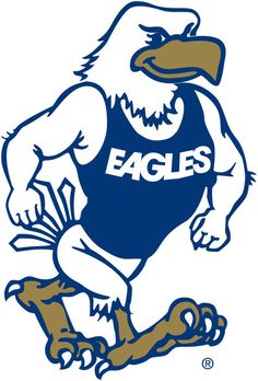 an eagle mascot running with the word eagles on it's chest and feet,