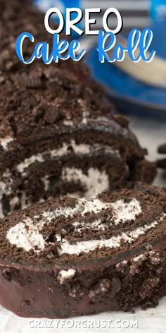 an oreo cake roll is cut in half