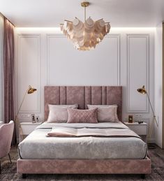 a bedroom with a bed, chair and lamp in it's centerpieces