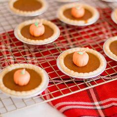 mini pumpkin pies sitting on top of a red and white checkered table cloth