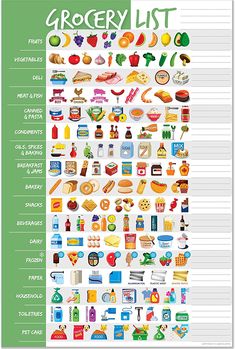 the grocery list is shown in green and white with lots of food items on it