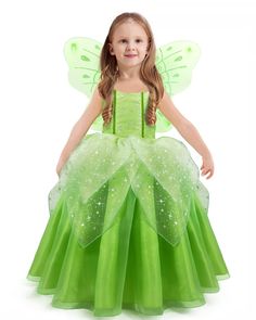 PRICES MAY VARY. PACKAGE INCLUDE: A gorgeous Tinkerbell costume for girls with a pair of detachable wings, NOT include other accessories. MAIN MATERIAL: Satin, tulle, elastic fabric, 100% polyester lining, very comfortable and lovely, a best Halloween costumes for baby girls. This girls fairy costume has off shoulder slip dress design, hot silver stars decorated on the bodice and overlapping green tulle skirt. Its fine, winsome details will have everyone clapping. You will believe in fairies whe Girls Tinkerbell Costume, Fantasia Tinker Bell, Princess Tiana Dress, Princess Costumes For Girls, Pixie Party, Tinkerbell Costume, Toddler Costumes Girl, Tiana Dress, Tinker Bell Costume