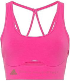 Pink Elastane Crop Top, Pink Elastane Top With Built-in Bra, Pink Top With Built-in Bra, Pink Seamless Tops, Pink Crop Top With Seamless Construction And Medium Support, Pink Seamless Crop Top With Medium Support, Pink Scoop Neck Sports Bra, Tops With Built-in Bra And Medium Support, Pink Bra-friendly Scoop Neck Crop Top