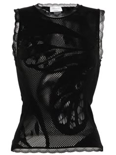 Blumarine lace-trim Tank Top - Farfetch Mesh Beaded Top, Subversive Outfits Black Women, 2000s Fashion Layering, Black Lace Mesh Top, Sheer Tops Outfit, Alt Feminine Outfits, Chanel Bra, Farfetch Tops, Black Lace Top Outfit