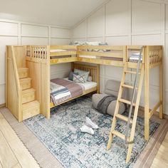 there is a bunk bed with stairs to the top and below it, next to a rug on the floor