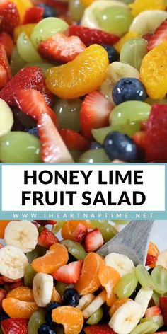 a close up of fruit salad with text overlay