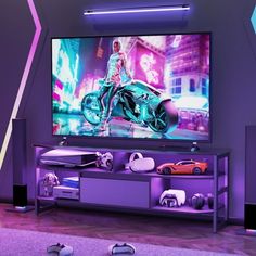 a tv that is on top of a stand in a room with purple walls and flooring