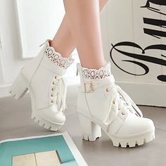 Sepatu Platform, High Heel Ankle Boots, England Fashion, Heel Ankle Boots, Aesthetic Shoes, High Heel Boots Ankle, White Boots