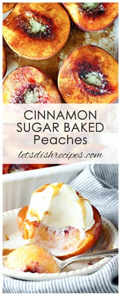 cinnamon sugar baked peaches with whipped cream on top