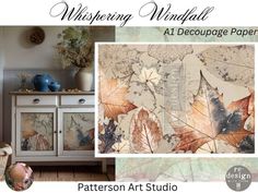 a collage of photos with autumn leaves on it and the words, whisping wallpaper at decoupge paper