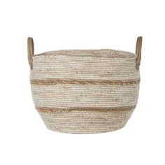 a large round basket with handles on the front and sides, made from natural materials