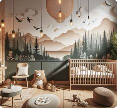 a baby's room with a mountain mural on the wall and a teddy bear