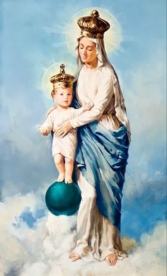 a painting of the virgin mary holding a child in her arms with clouds and blue sky behind it