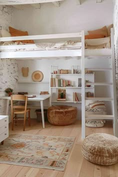 a loft bed is in the middle of a room with white walls and wooden floors