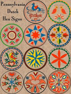 the cover of pennsylvania dutch hex signs, with many different designs and colors on it