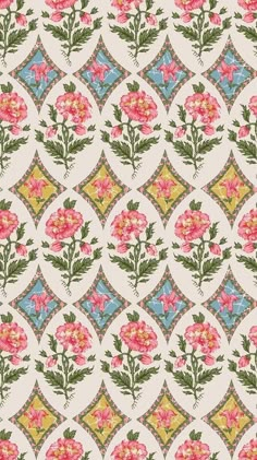 an old fashioned wallpaper with pink flowers and green leaves on the bottom half of it