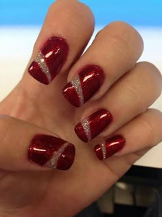 Red Nails Glitter, Valentine Nails, Fancy Nails Designs, Silver Nail, Nail Designs Glitter