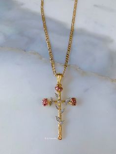 This is a stunning 18k tricolor gold plated cross inspired by roses, leaves, and rose stems.  The chain is our classic 18k gold plated figaro chain. Please select your length.  Including the bail, the cross is 6 cm long, and 3 cm wide. Original Price: $50 Flower Cross Necklace, Beautiful Cross Necklace, Rose Gold Cross Necklace, Unique Cross Necklace, Cross Necklace Aesthetic, Cross Necklace Womens, Cross Ideas, Dope Jewelry Accessories, Pretty Jewelry Necklaces