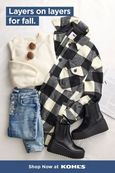 We’re feeling the end-of-summer vibes with this fall look. A cream knitted sweater and a SO black-and-buffalo print flannel shacket is pulled together with black platform Chelsea boots and button-fly jeans. Don’t forget your vintage-style sunglasses and you’re set! Find more women’s fall outfitting at Kohl’s and Kohls.com. Casual Fall Fashion, Flannel Shacket, Buffalo Print, Outfits Stylish, Fashion Outfits Casual, Stylish Winter Outfits, Winter Fashion Outfits Casual, Fall Fit, Cute Lazy Outfits