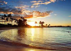 the sun is setting over an ocean with palm trees