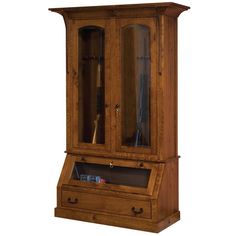 a wooden armoire with glass doors and drawers