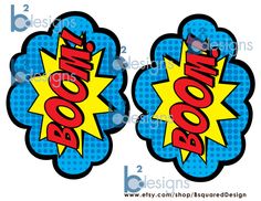 two cartoon boom stickers on a white background, one is blue and the other is yellow