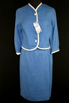 RARE EARLY 1960'S DEADSTOCK "NEW OLD" NEVER WORN BLUE AND BEIGE LINEN LIKE  RAYON THREE PIECE SUIT DRESS DONNKENNY LABEL ORIGINAL HANG TAG  EXCELLENT LIKE NEW CONDITION SIZE 6 TOP 38 INCH BUST 18 INCH LENGTH JACKET 40 INCH BUST 20 INCH LENGTH 15 INCHES SHOULDER TO SHOULDER SEAMS SKIRT 26 INCH WAIST 26 INCH LENGTH CODE 0126   FIREFLY FIREFLY Firefly Vintage Clothing . Vintage Blue Skirt Suit For Formal Occasions, Fitted Vintage Blue Set, Blue Fitted Vintage Set, Vintage Fitted Blue Suits, Blue Fitted Vintage Suit, Fitted Vintage Blue Suits, Retro Fitted Blue Sets, Retro Blue Fitted Sets, Vintage Blue Long Sleeve Sets