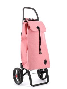 a pink bag with wheels and handles on it's side, in front of a white background