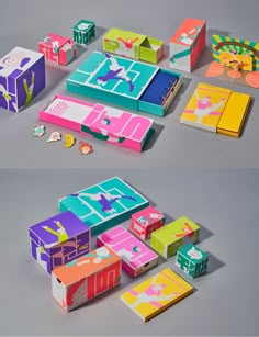 several brightly colored boxes are stacked on top of each other and one has a figure in the middle