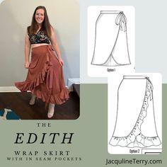 the edith wrap skirt sewing pattern is shown in three different styles, including one with ru