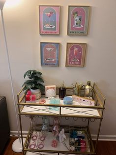 a shelf with various items on it in a room