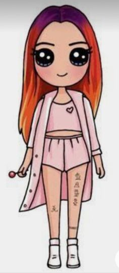 a cartoon girl with red hair and black eyes wearing pink clothes, holding a white umbrella