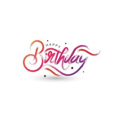 the words happy birthday written in pink and purple ink on a white background with stars