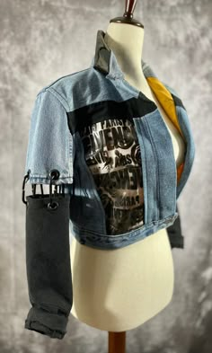 Handmade cropped denim jacket created around original Givenchy dustbag, with upcycled thrifted material.  All items are exclusive and unrepeatable. Reworked Jean Jacket, Upcycle Jeans Jacket, Jean Jacket Crochet, Upcycled Jackets Diy, Upcycling Denim Jacket, Jean Jackets Diy, Denim Jacket Diy Upcycling, Diy Upcycled Clothing, Custom Jean Jacket Ideas