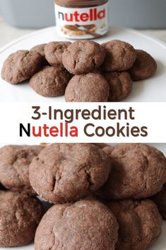 three ingredient nutella cookies on a white plate with a can of nutella in the background