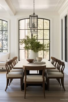 a dining room table with chairs and a potted plant on top of the table