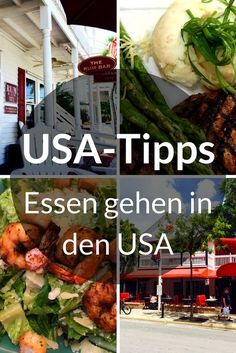 four different pictures with the words usa - tips essen gehen in den usa on them