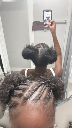 Cornrow with space buns🤭 Cornrow Bun Natural Hair, Quick Short 4c Hairstyles, Plating Hair Hairstyles, Corn Row Natural Hairstyles, Bun Black Hairstyles, Hairstyles With Short Natural Hair, Short Natural Hair With Headband, Braids And Space Buns