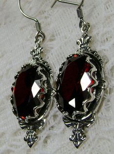 Red Garnet Cubic Zirconia (CZ) Earrings, Sterling Silver Filigree, Victorian Jewelry, Pin Design P18 Red Victorian Earrings As Gift, Victorian Red Earrings As Gift, Red Classic Jewelry With Matching Earrings, Classic Red Jewelry With Matching Earrings, Formal Ruby Jewelry With Faceted Details, Classic Red Nickel-free Earrings, Red Faceted Earrings For Formal Occasions, Ornate Red Drop Earrings, Elegant Garnet Drop Earrings