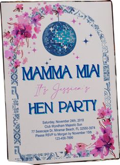 a sign for a hen party with flowers and disco ball in the center, on a white background