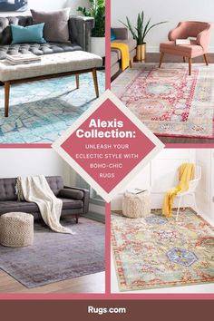 a collage of different types of rugs in various colors and sizes with text overlaying the image