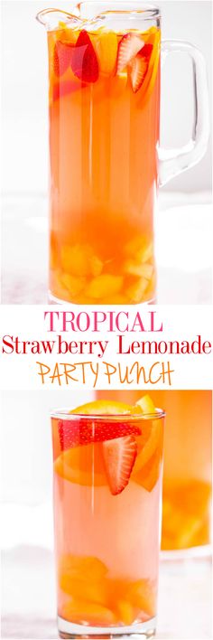 tropical strawberry lemonade party punch in a pitcher