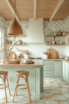 two stools are in the middle of a kitchen with tile flooring and walls