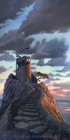 a painting of stairs leading up to a castle on top of a hill with birds flying over it