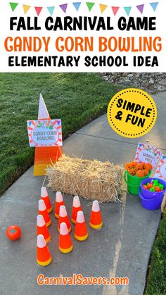 image shows a fall-themed bowling game idea for an elementary fall carnival Candy Corn Ring Toss Game Diy, Fall Festival Bowling Game, Harvest Feast Games, Carnival Fall Festivals, Candy Corn Bowling, Thanksgiving Festival Ideas, Home Fall Festival Ideas, Pumpkin Bowling Game Fall Festivals, Candy Corn Toss